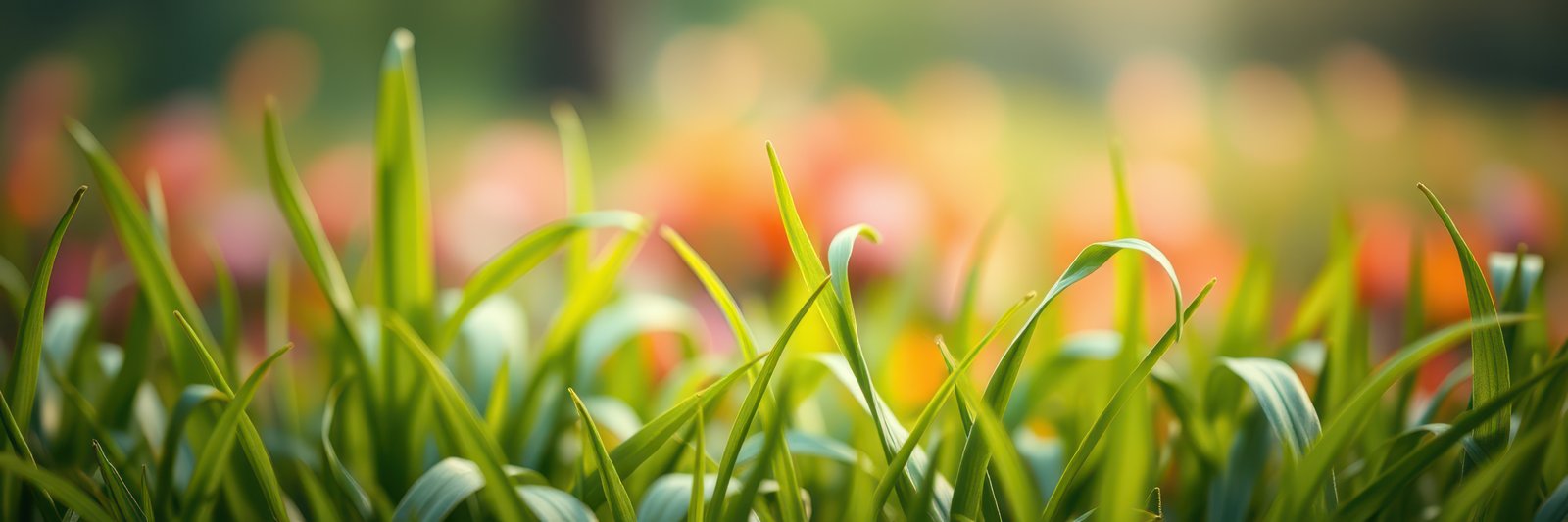 Lush green grass growing vibrantly in a sunny garden with colorful flowers in the background during springtime